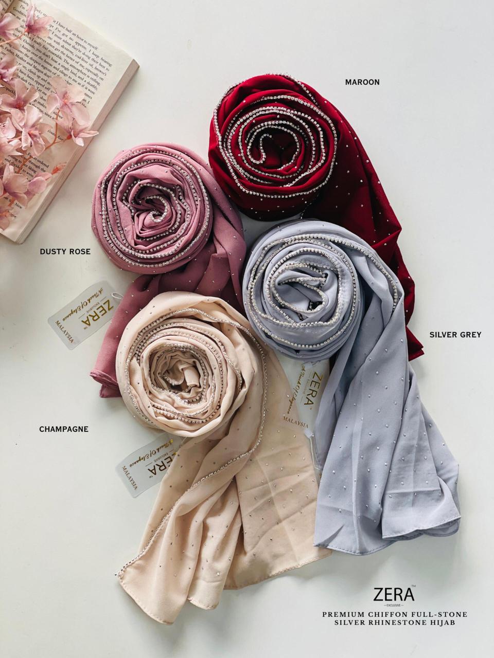 ✨ ZERA Premium Chiffon Full-Stone Silver Rhinestone Hijab – Silver Edition ✨