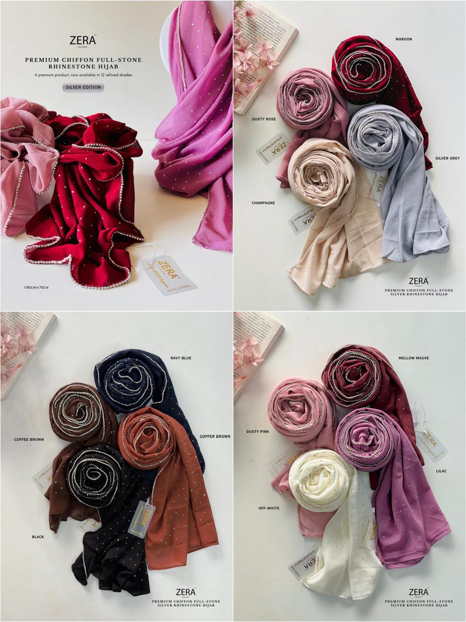 ✨ ZERA Premium Chiffon Full-Stone Silver Rhinestone Hijab – Silver Edition ✨