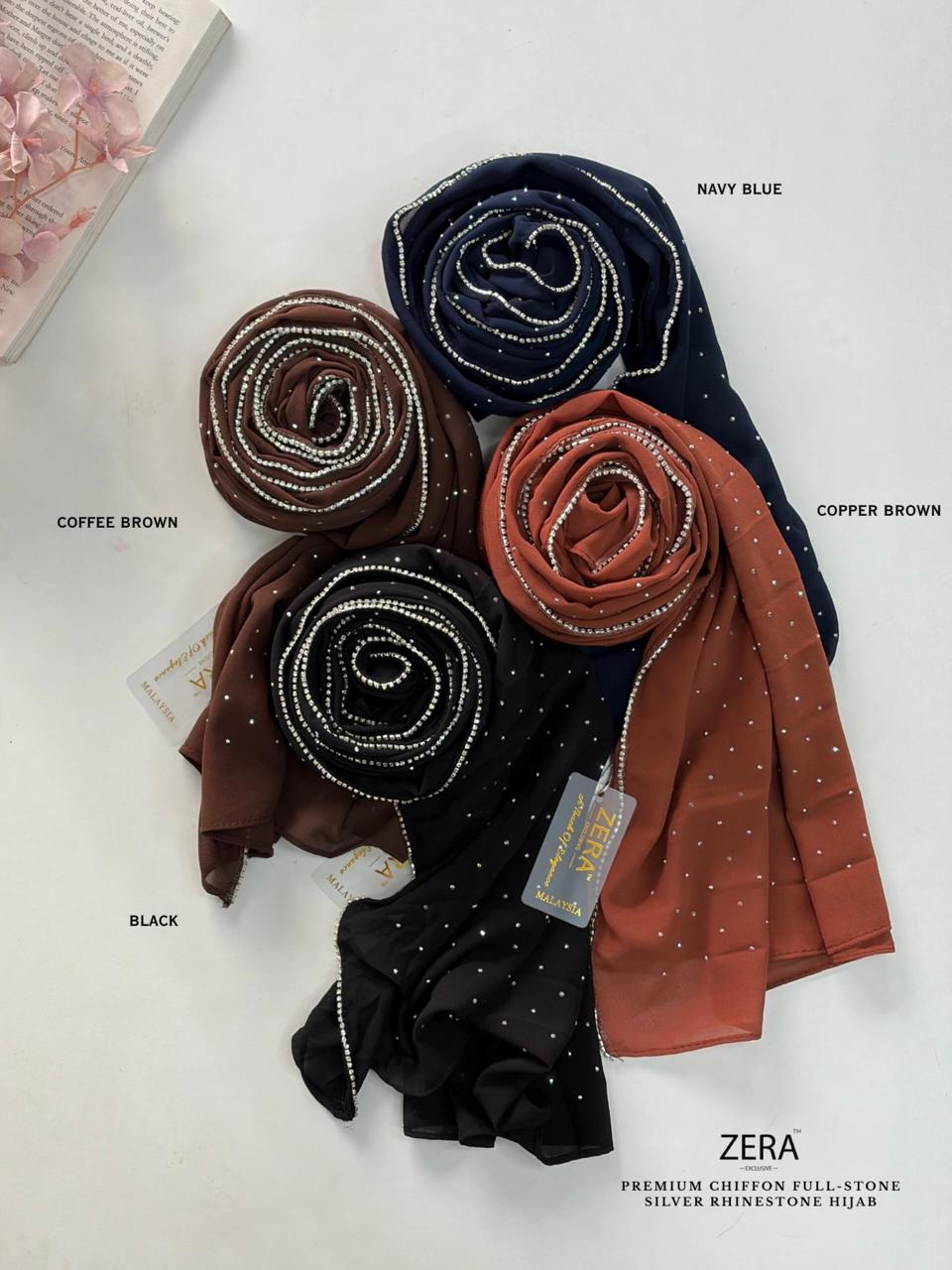 ✨ ZERA Premium Chiffon Full-Stone Silver Rhinestone Hijab – Silver Edition ✨