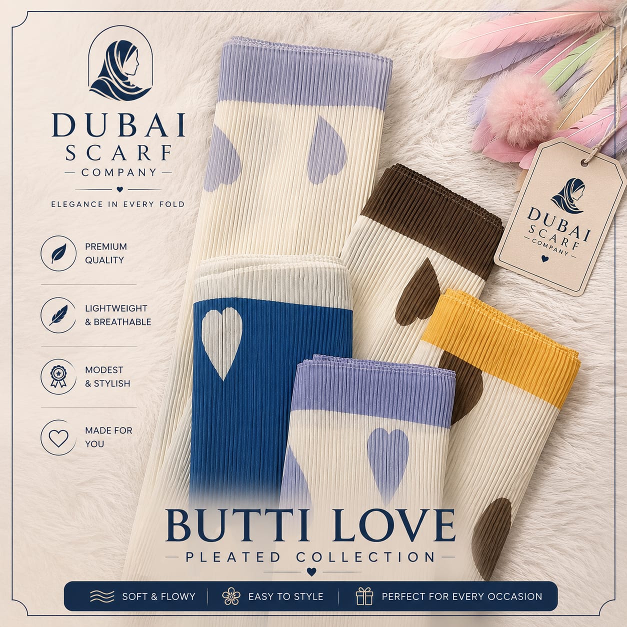 Butti Love Pleated Hijab | Premium Heart Print Pleated Hijab Collection