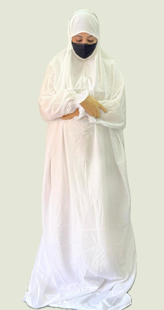 WHITE PRAYER DRESS WITH ATTACHED ELASTIC HEAD COVER